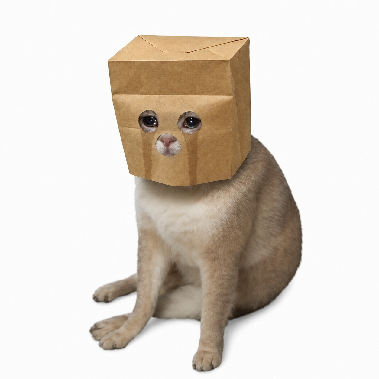 A sad cat wearing a paper bag with wet tear stains